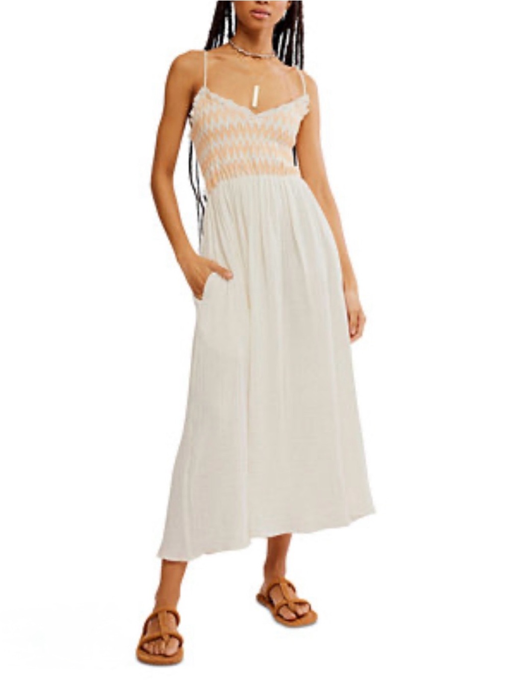 Free People Cream & Peach Smocked Midi Dress